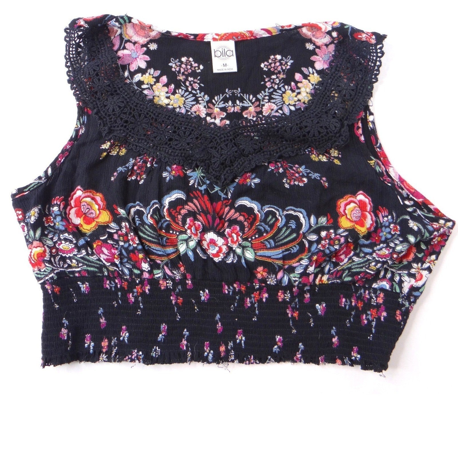 Bila Black Floral Crochet Neck Sleeveless Crop Top Womens Size M