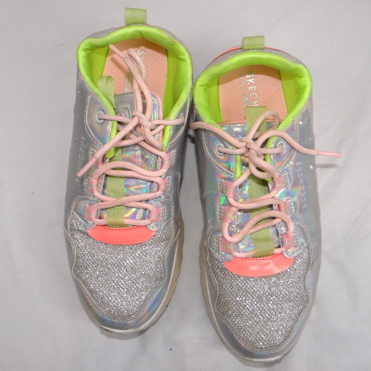 Skechers Girls Silver Holographic Glitter Rainbow Lace Up Sneakers Shoes Sz 5 US