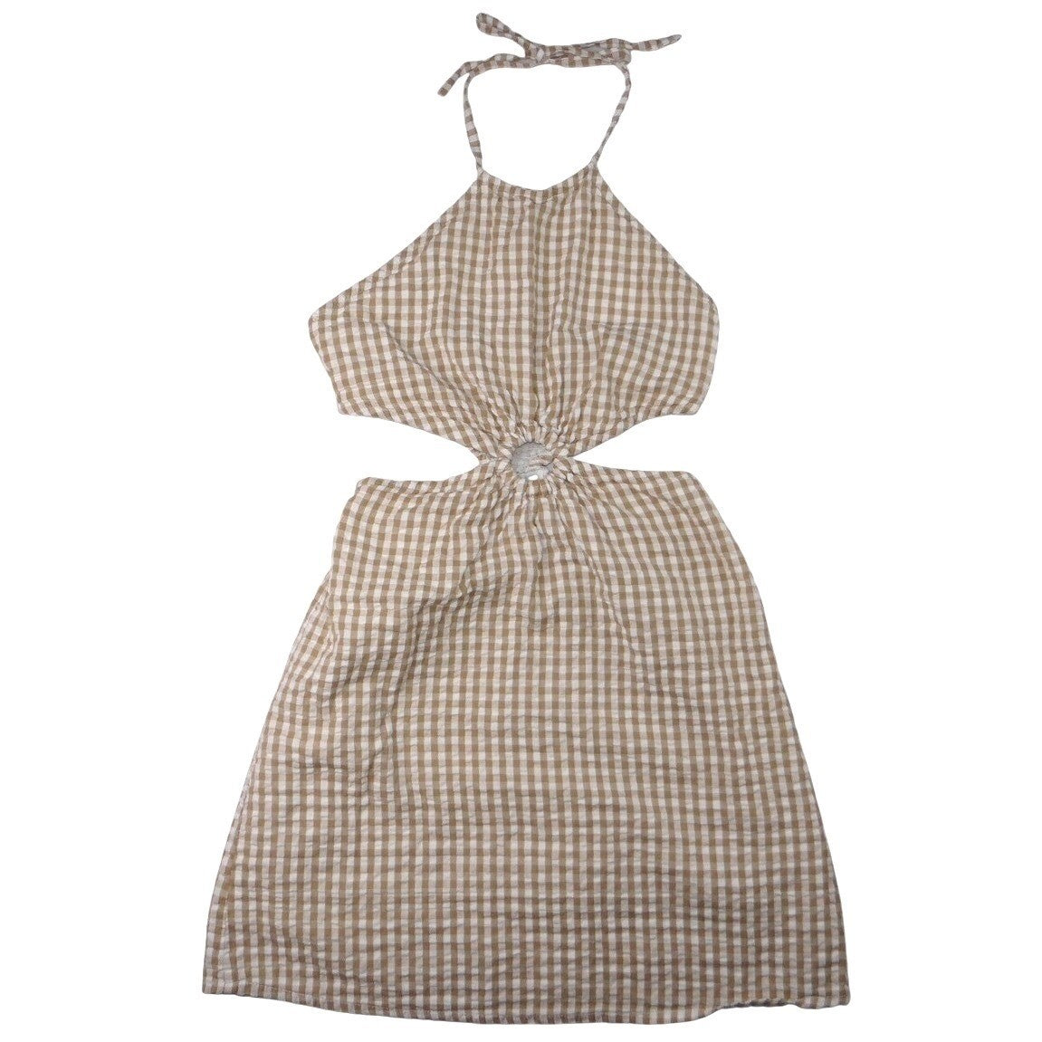 Tan White Gingham Halter Cutout Ring Detail Mini Dress