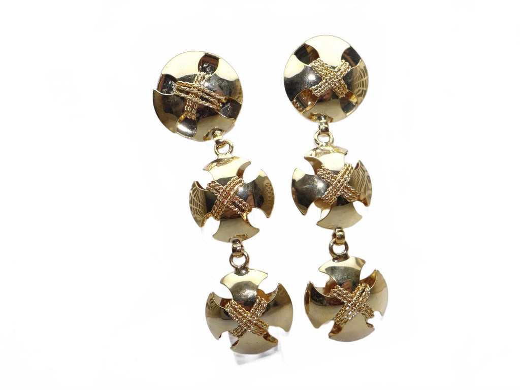 Vintage Gold Tone Triple Disc Drop Earrings