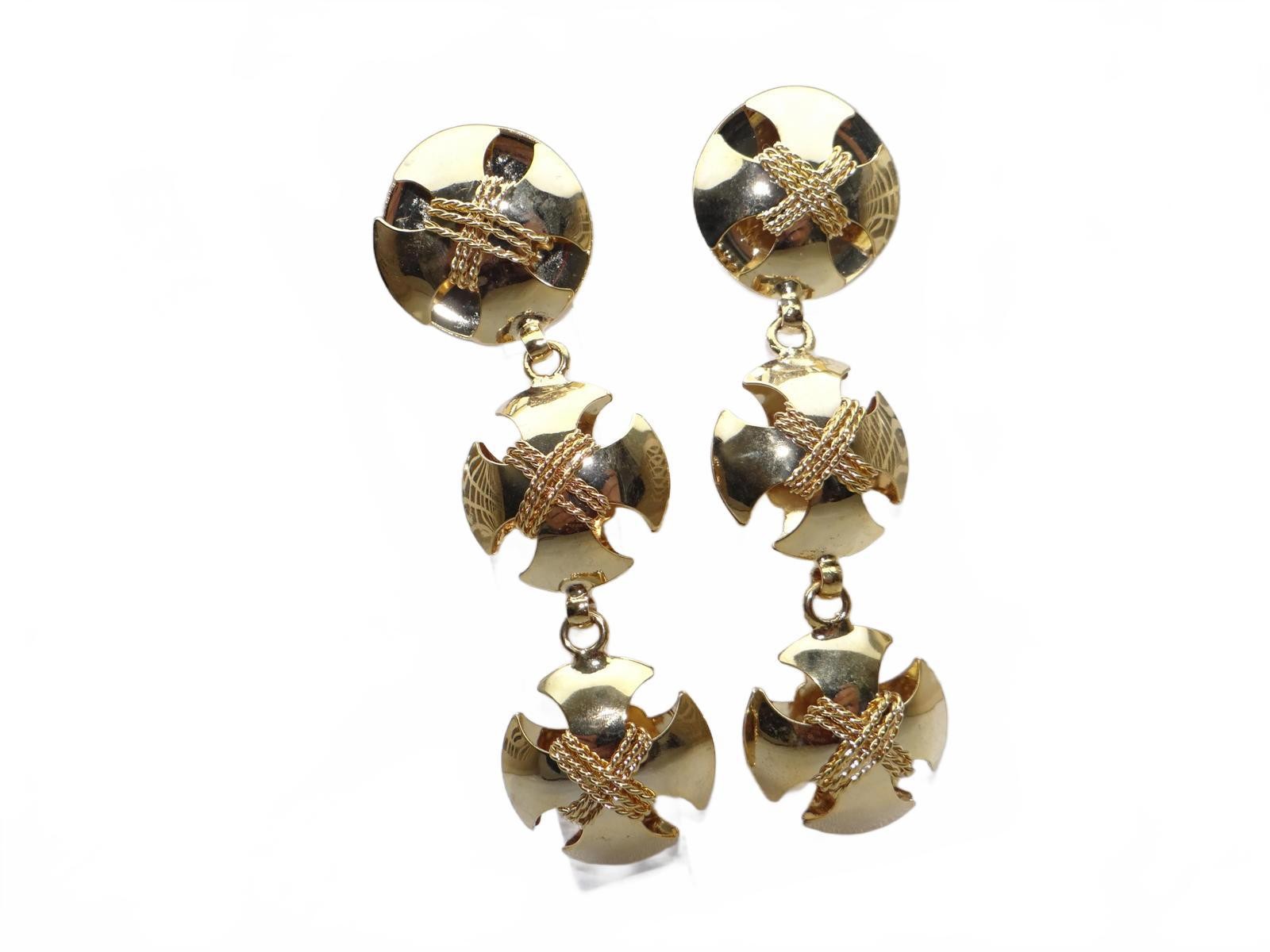 Vintage Gold Tone Triple Disc Drop Earrings