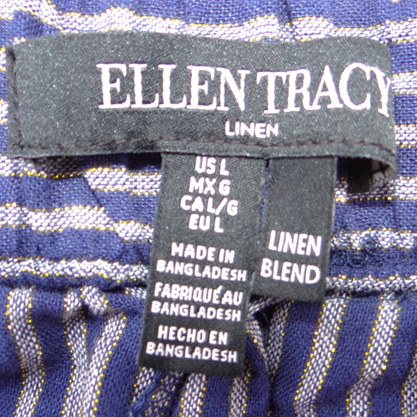 NWT-Ellen Tracy Linen Striped Drawstring Pants Navy Gold Metallic Joggers L
