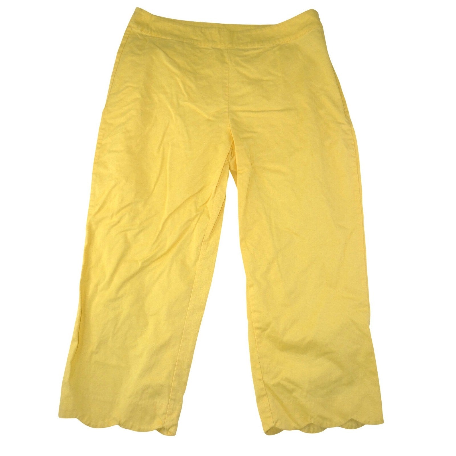 Kim Rogers Womens Yellow Scalloped Hem Cropped Pants Side Zip Size 12 Mid Rise