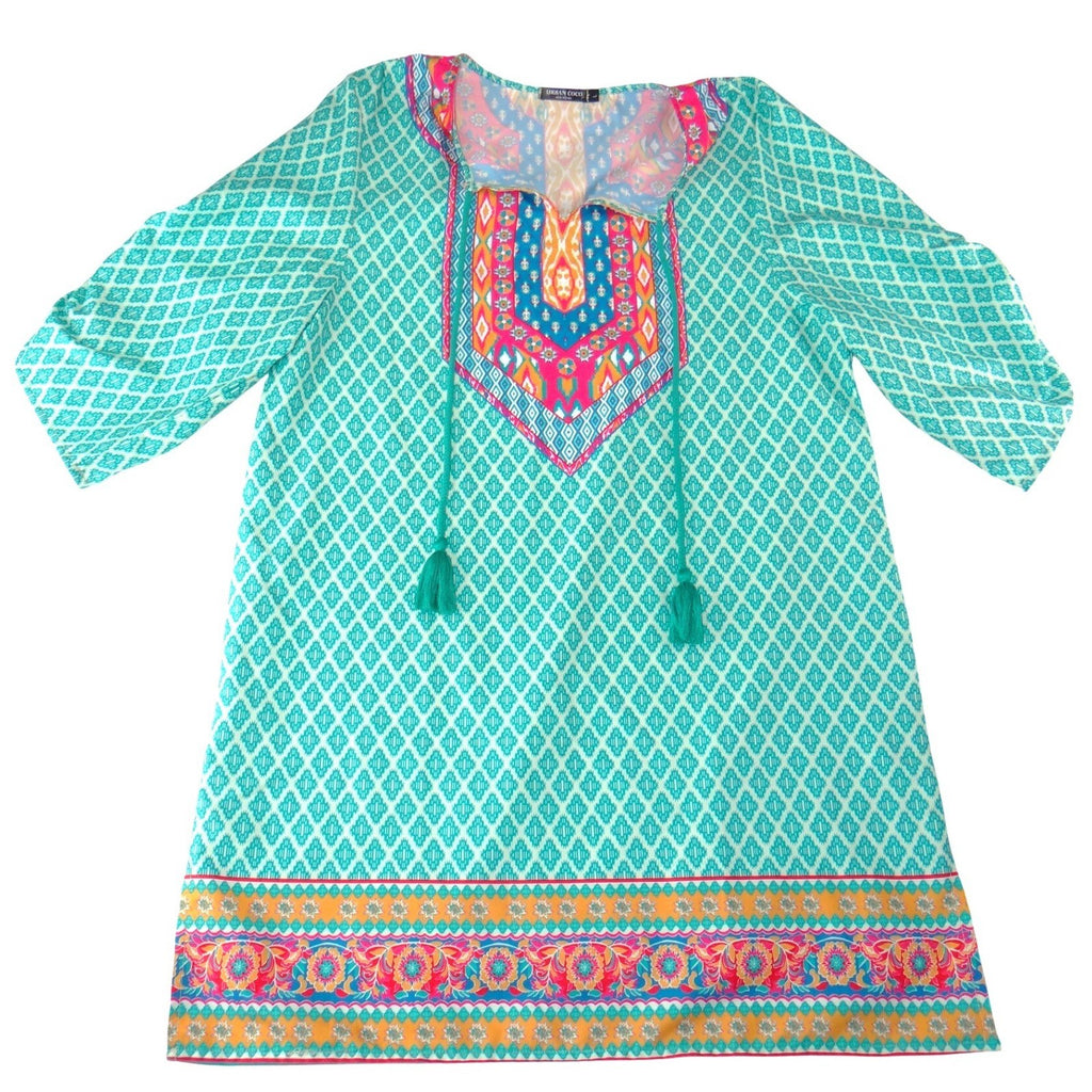 Urban Coco Womens Teal Pink Geometric Boho Tassel Tunic Dress Size L