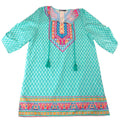 Urban Coco Womens Teal Pink Geometric Boho Tassel Tunic Dress Size L