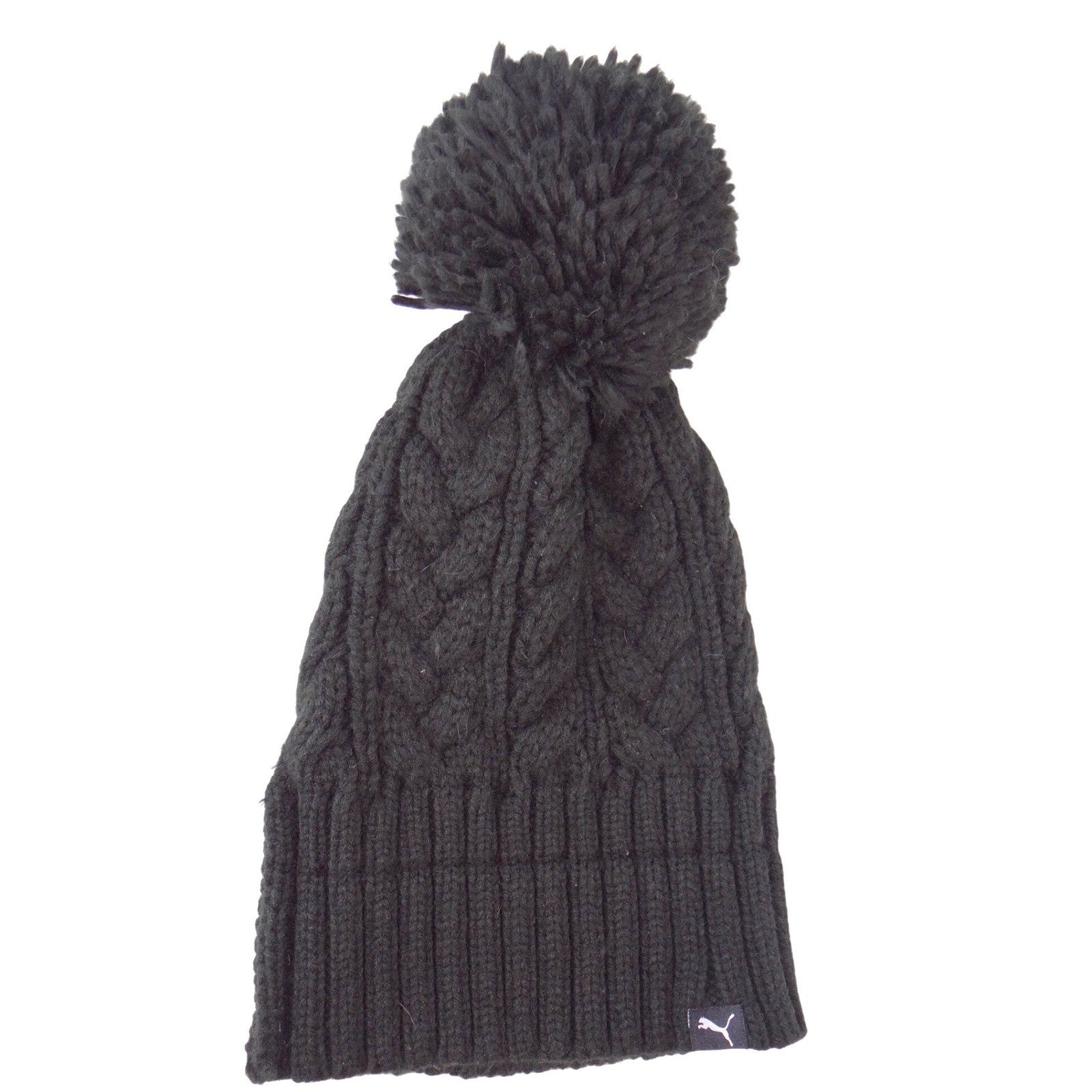 Puma Black Cable Knit Pom Pom Beanie Hat Ribbed Cuff One Size Sporty Winter Cap