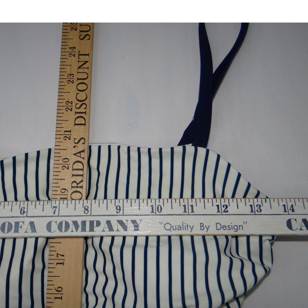 Navy Blue White Striped Ruched One Piece Swimsuit Square Neck Nautical Summer S