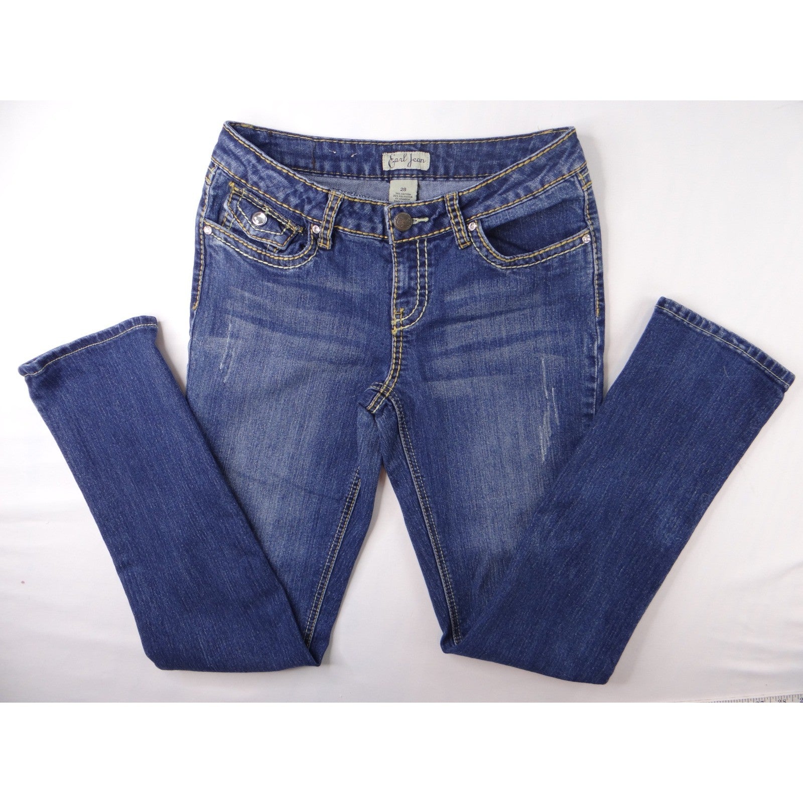 Earl Jean Blue Denim Bootcut Jeans Embellished Pockets Size 28
