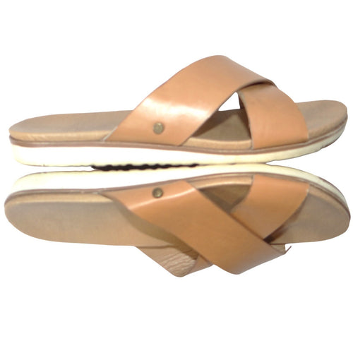 Catherine Malandrino Tan Leather Cross Strap Slide Sandals Womens 7.5 Brown