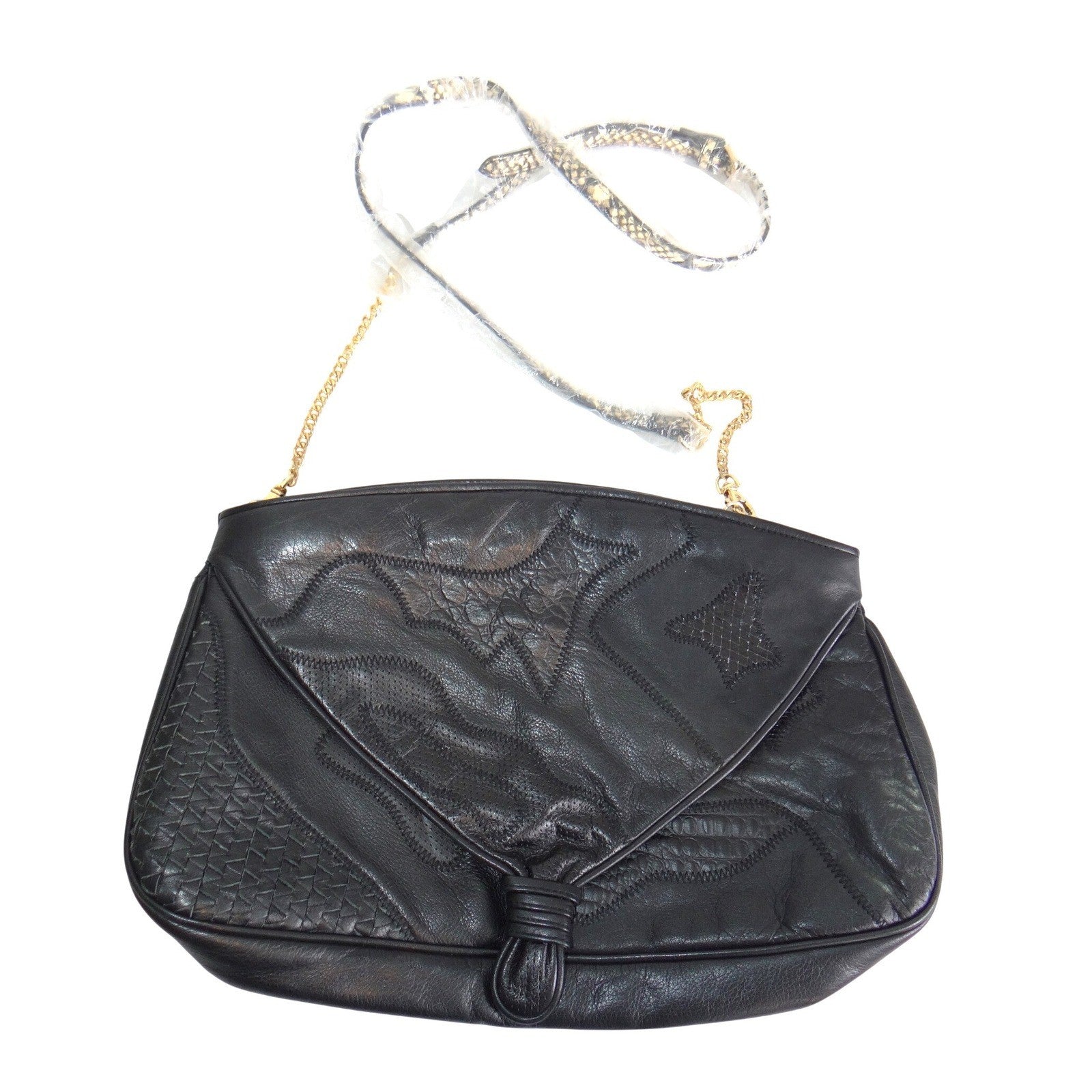 Vintage Black Leather Patchwork Shoulder Bag Gold Chain Snakeskin Strap