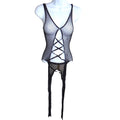 Black Rhinestone Fishnet Bodysuit Lace Up Front Leg Wraps Festival Rave Wear