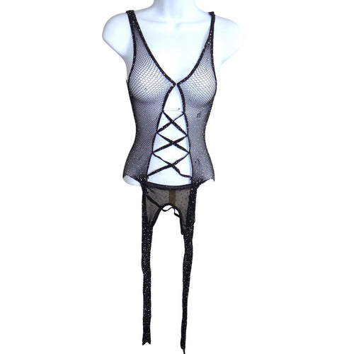 Black Rhinestone Fishnet Bodysuit Lace Up Front Leg Wraps Festival Rave Wear