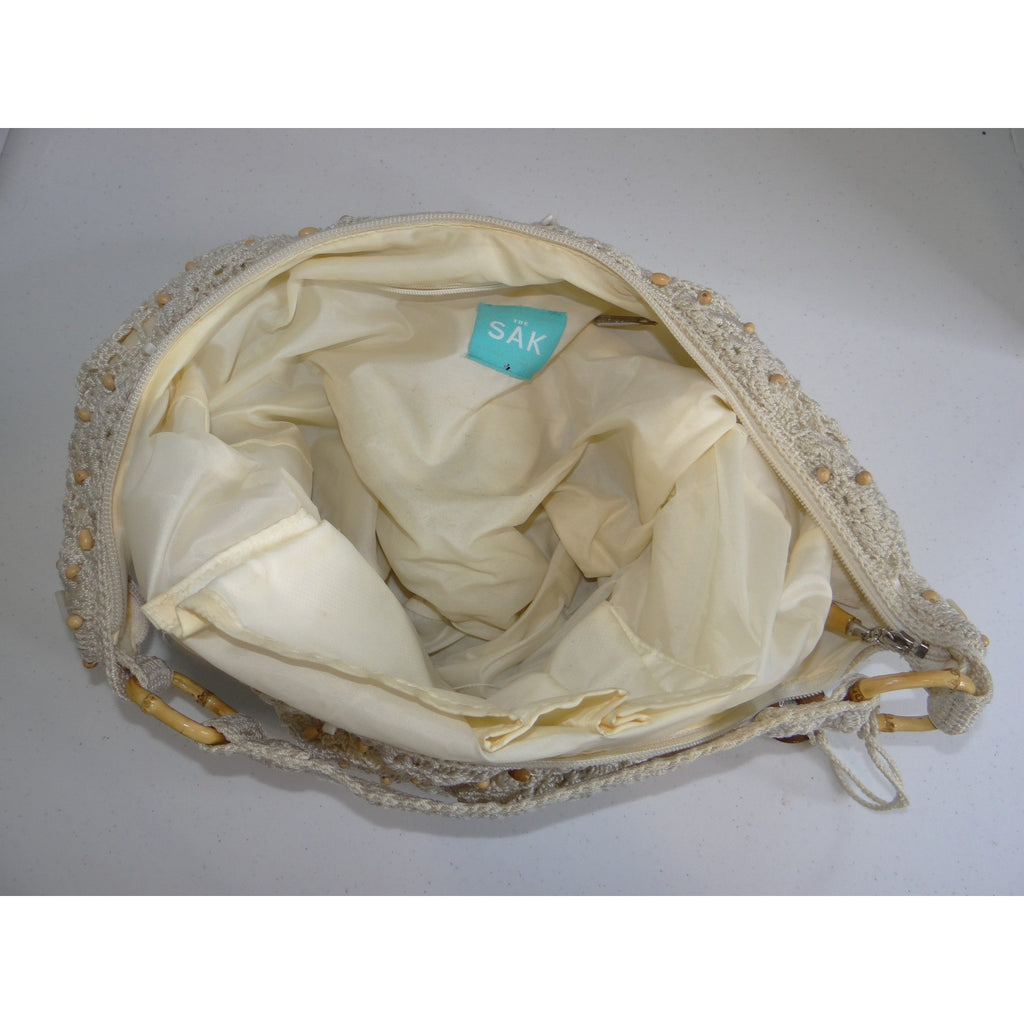 The Sak Crochet Hobo Bag Cream Floral Medallion Shell Wood Bead Boho Shoulder