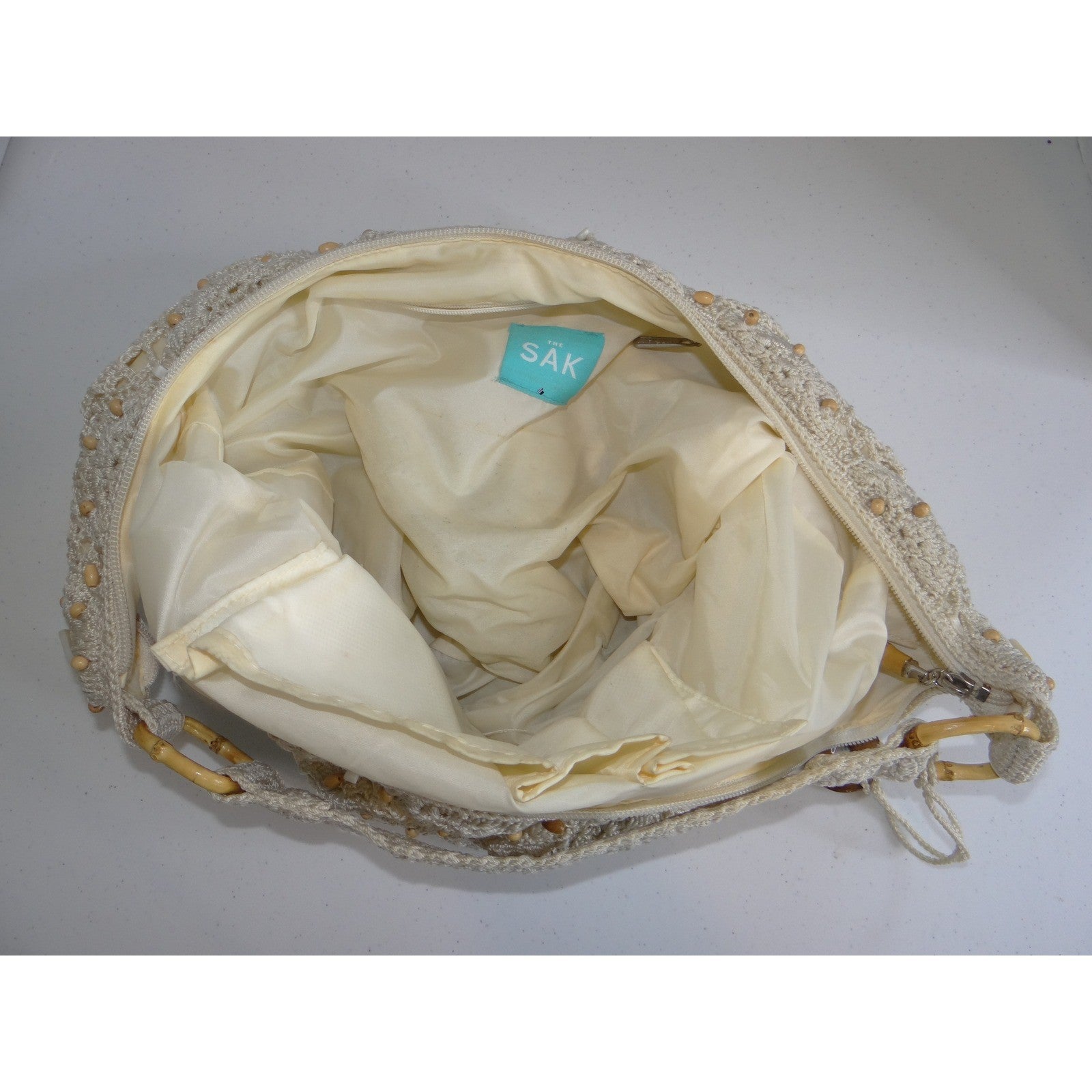 The Sak Crochet Hobo Bag Cream Floral Medallion Shell Wood Bead Boho Shoulder