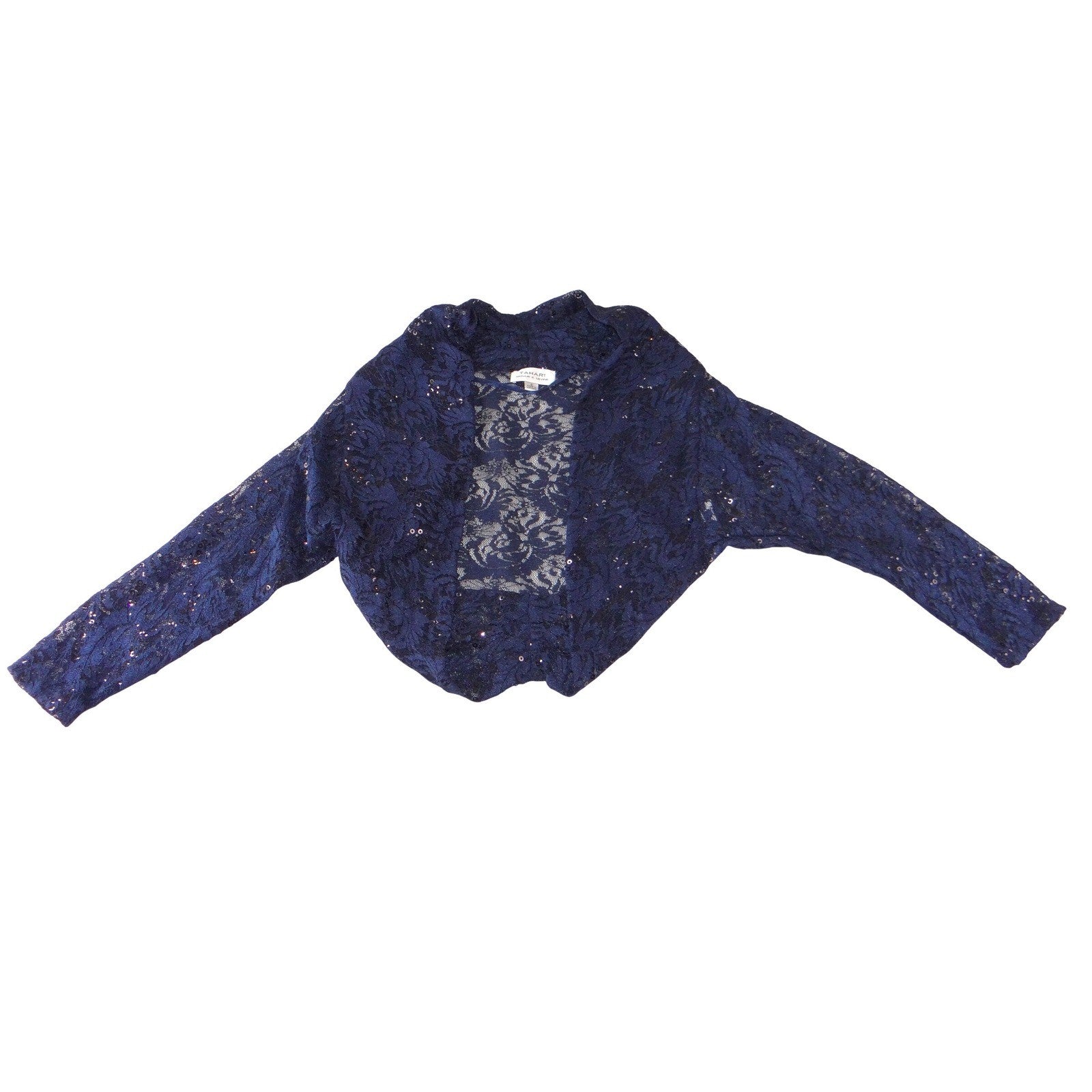 NWT-Tahari Arthur S. Levine Navy Blue Floral Lace Sequin Shrug Bolero Jacket S