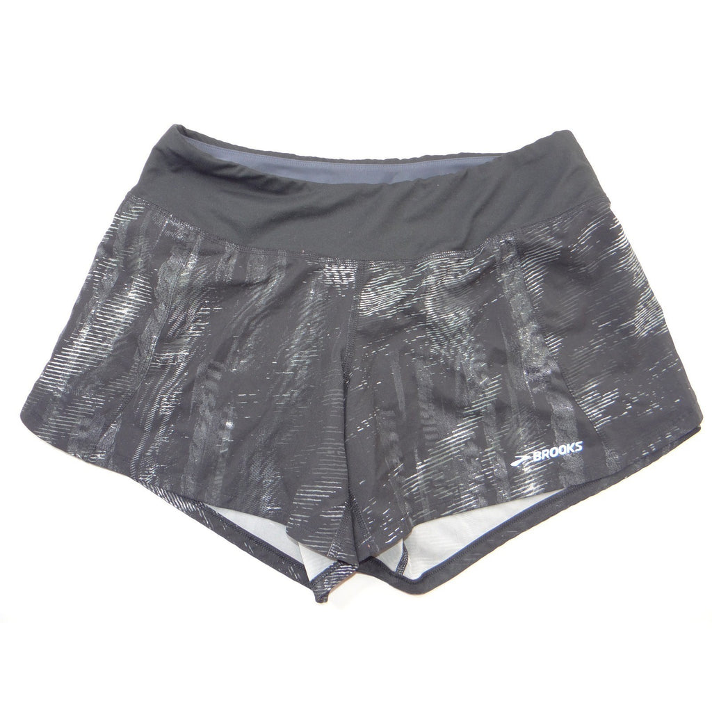 Brooks Womens Running Shorts Black Grey Abstract Streak Pattern Reflective Logo
