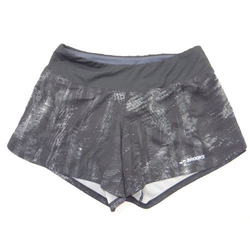Brooks Womens Running Shorts Black Grey Abstract Streak Pattern Reflective Logo