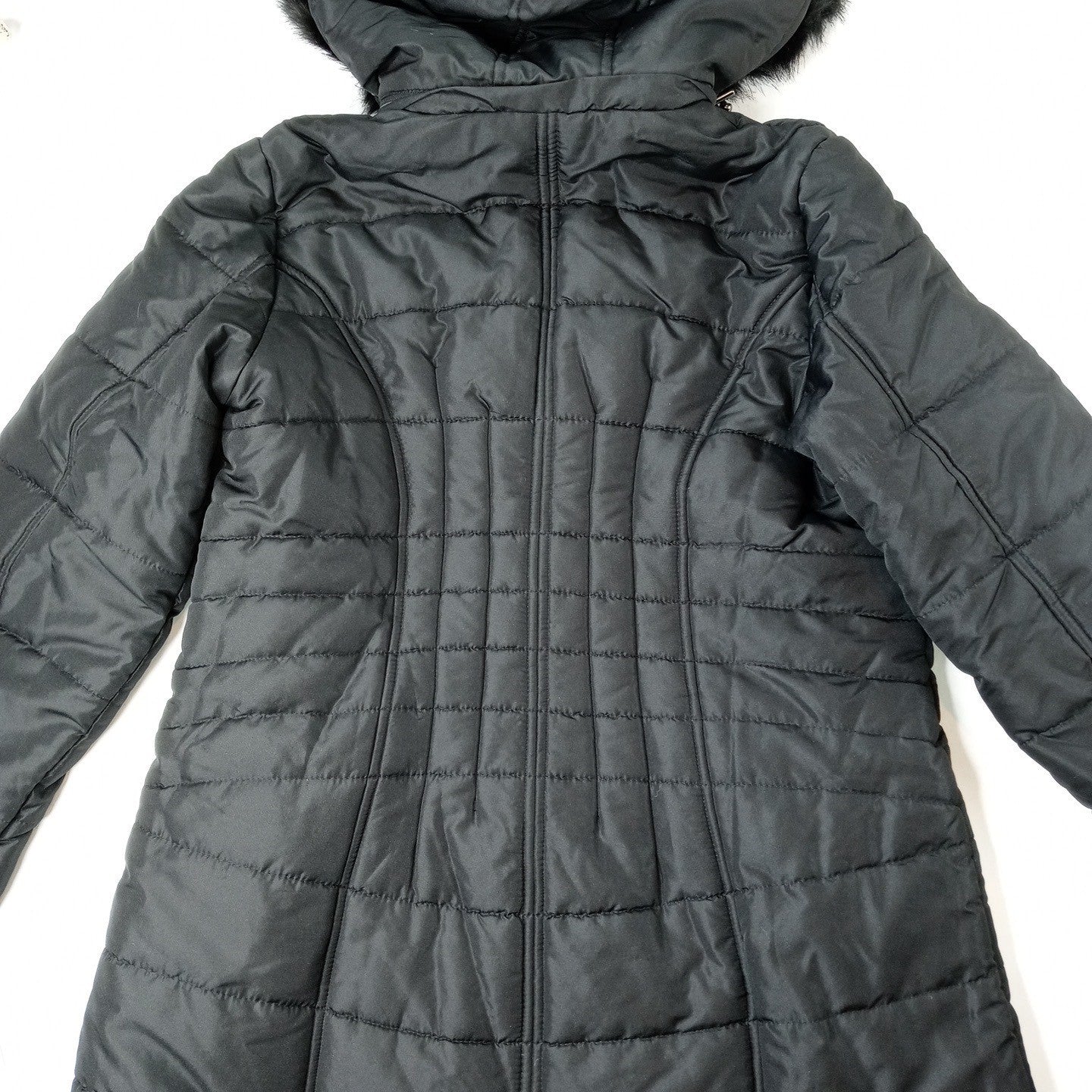 NWT Vintage Womens Black Quilted Long Coat Removable Hood Faux Fur Trim Medium