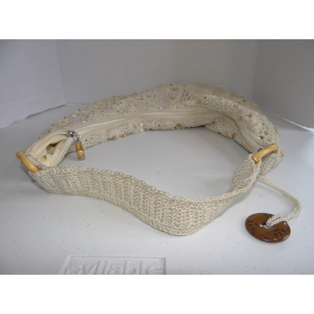 The Sak Crochet Hobo Bag Cream Floral Medallion Shell Wood Bead Boho Shoulder
