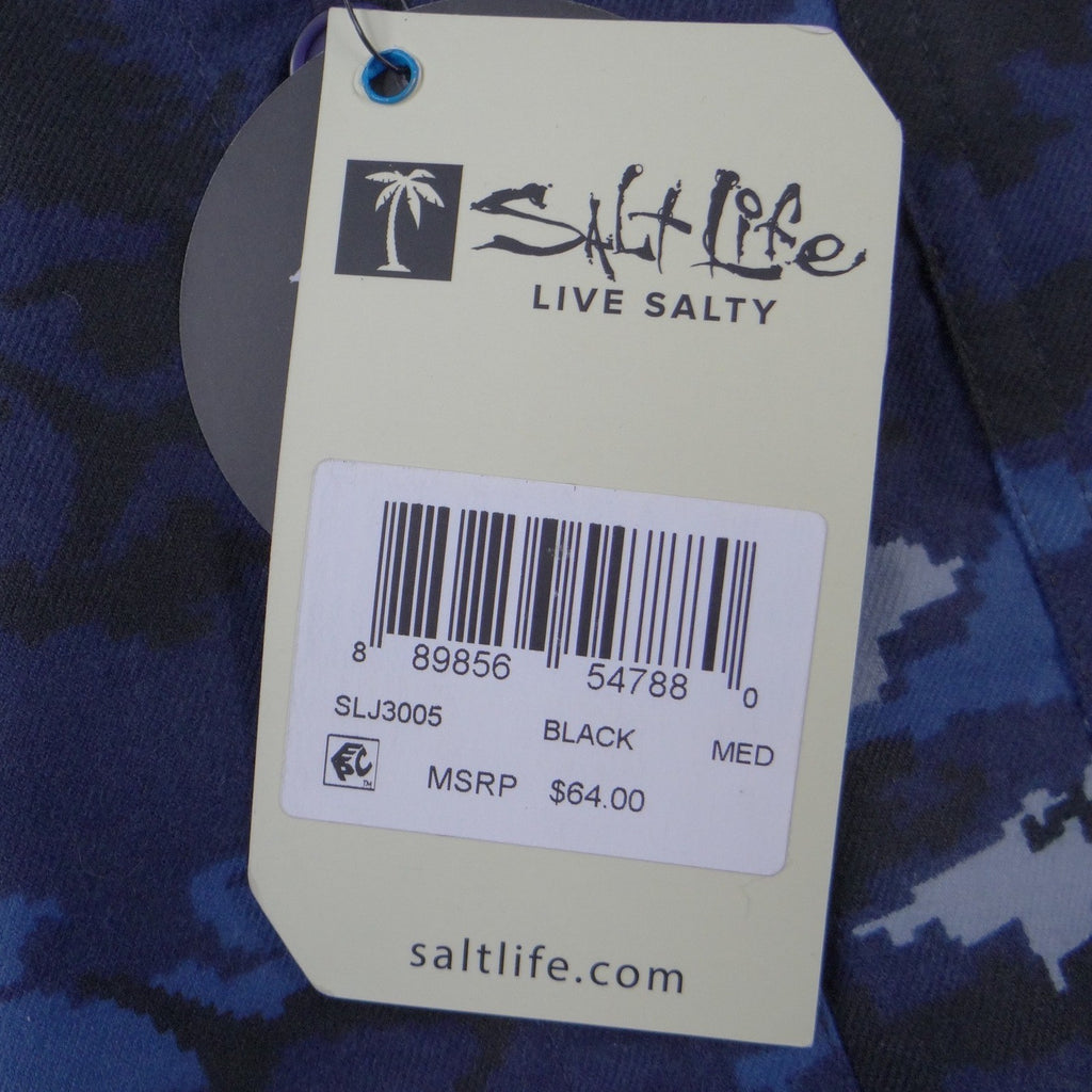 NWT-Salt Life SLX Mens Medium Blue Black Fish Camo Long Sleeve Button Down