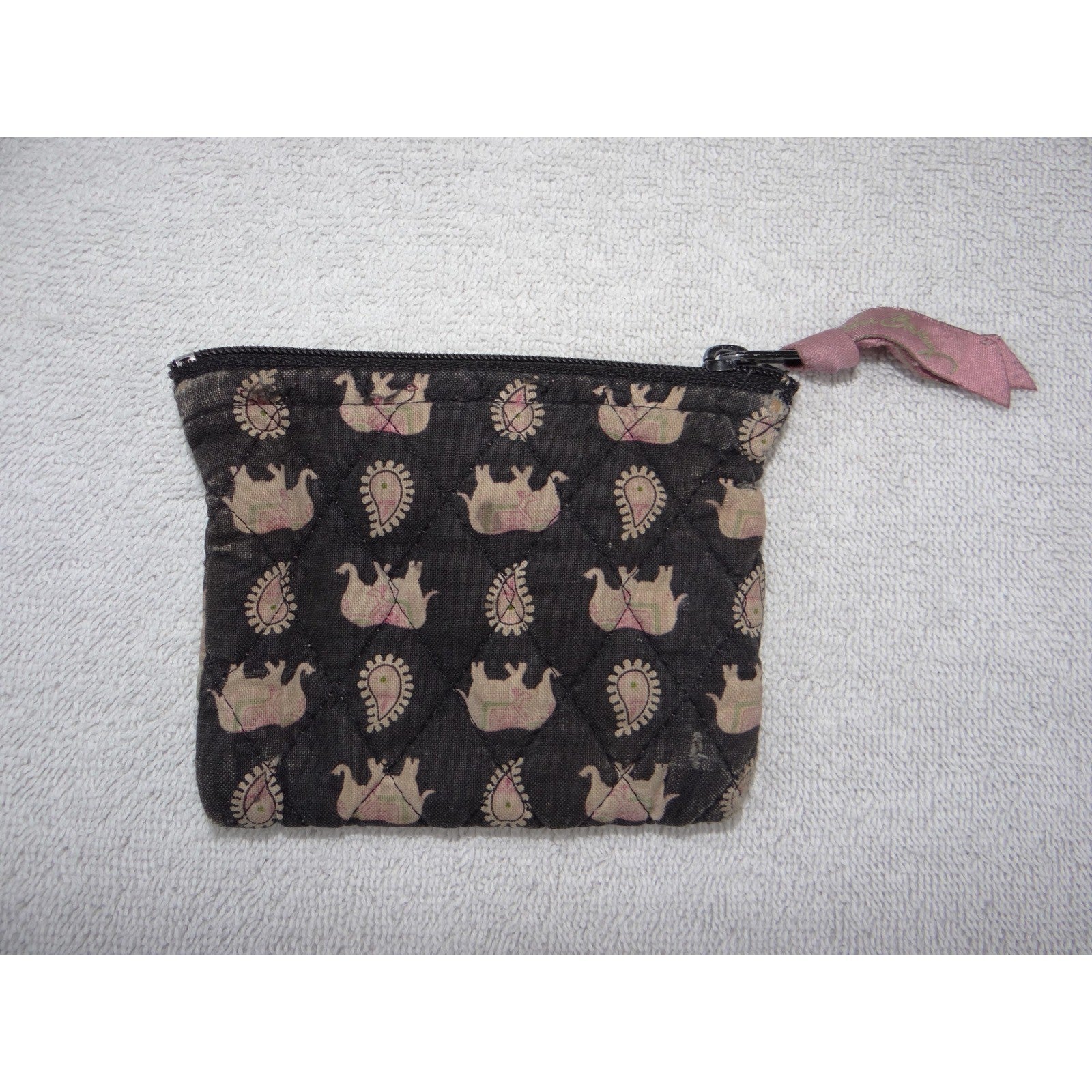 Vera Bradley Elephant Paisley Quilted Cotton Zip Coin Purse Pouch Black Pink