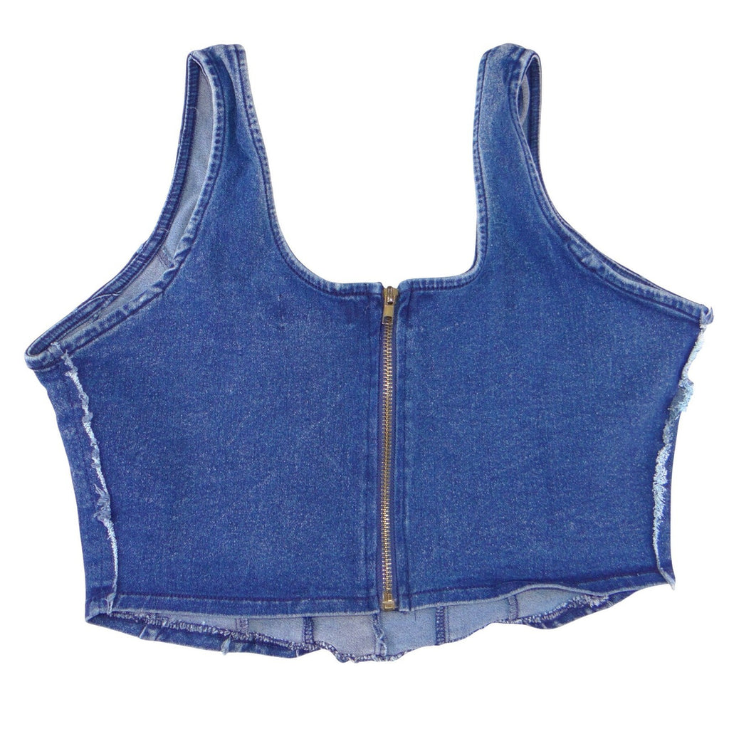 Thrill Jeans Blue Denim Corset Crop Top Frayed Seams Back Zip XL