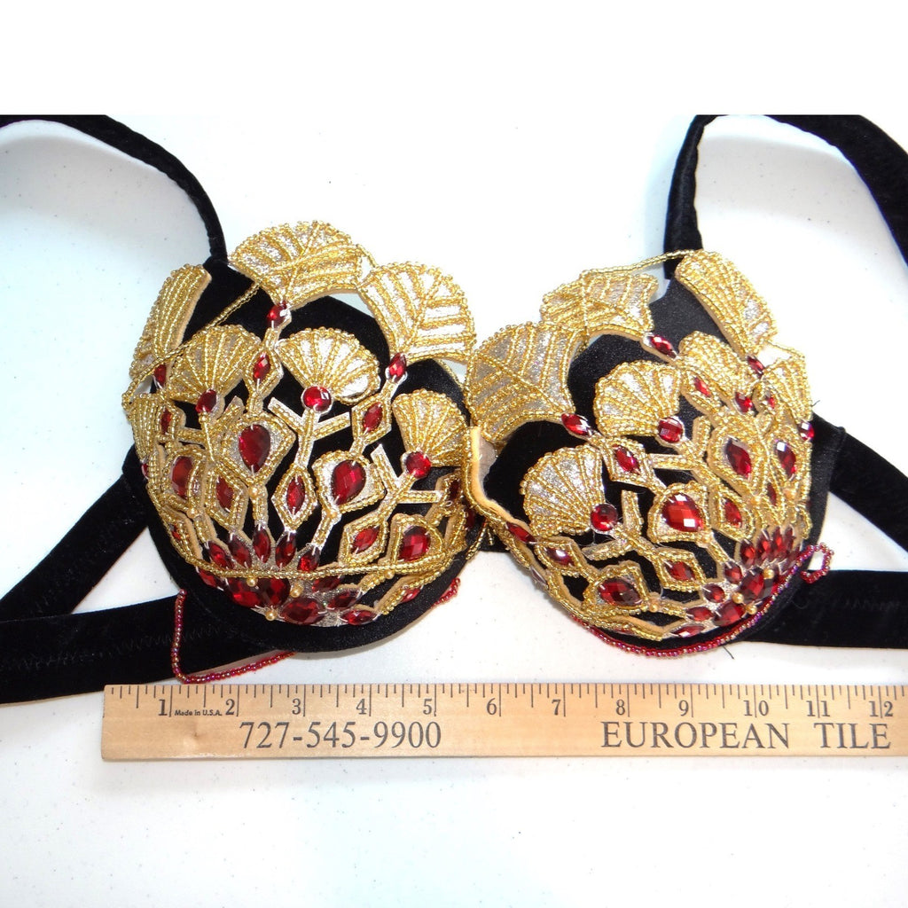 Gold Beaded Ginkgo Leaf Belly Dance Bra Top Red Gemstone Black Velvet Large