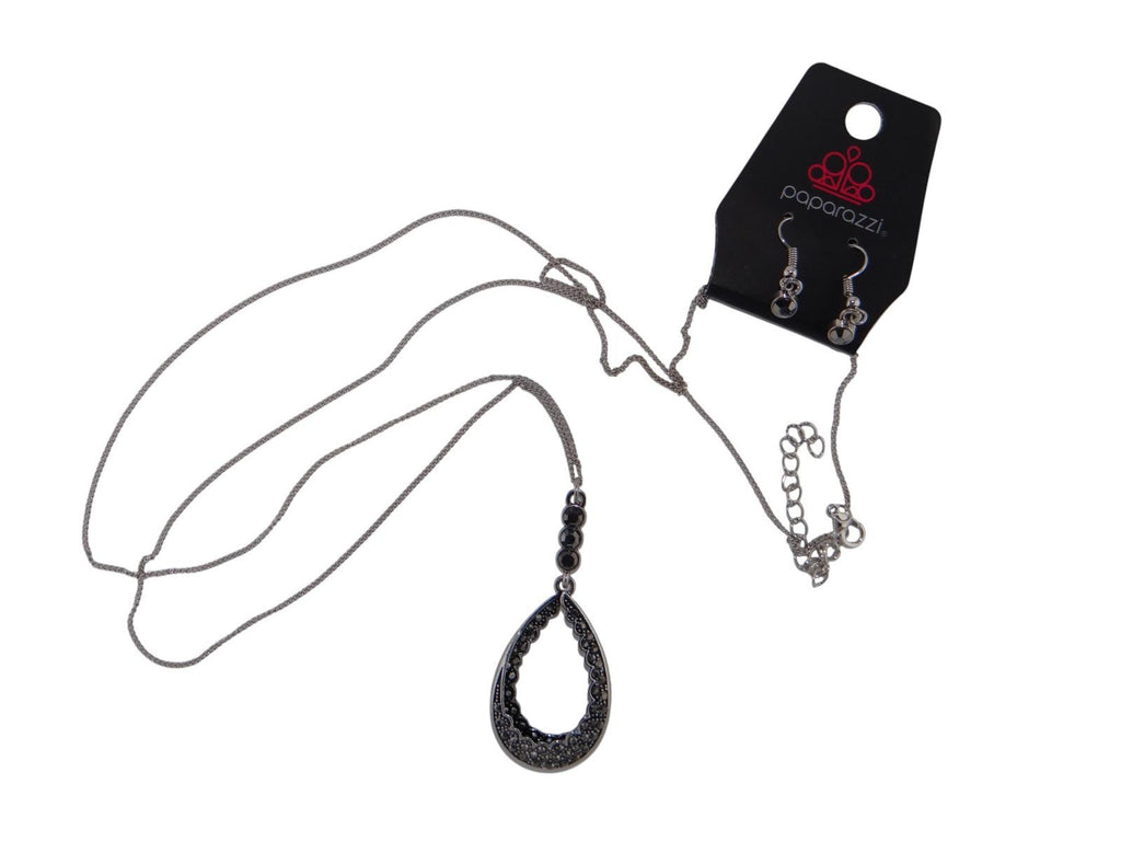 Elegant Black & Silver Teardrop Necklace with Matching Earrings