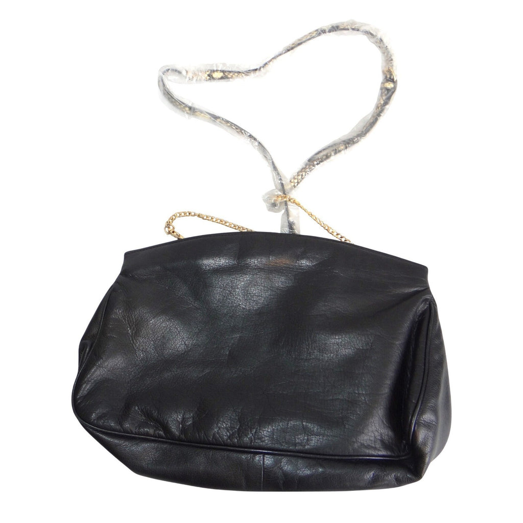 Vintage Black Leather Patchwork Shoulder Bag Gold Chain Snakeskin Strap