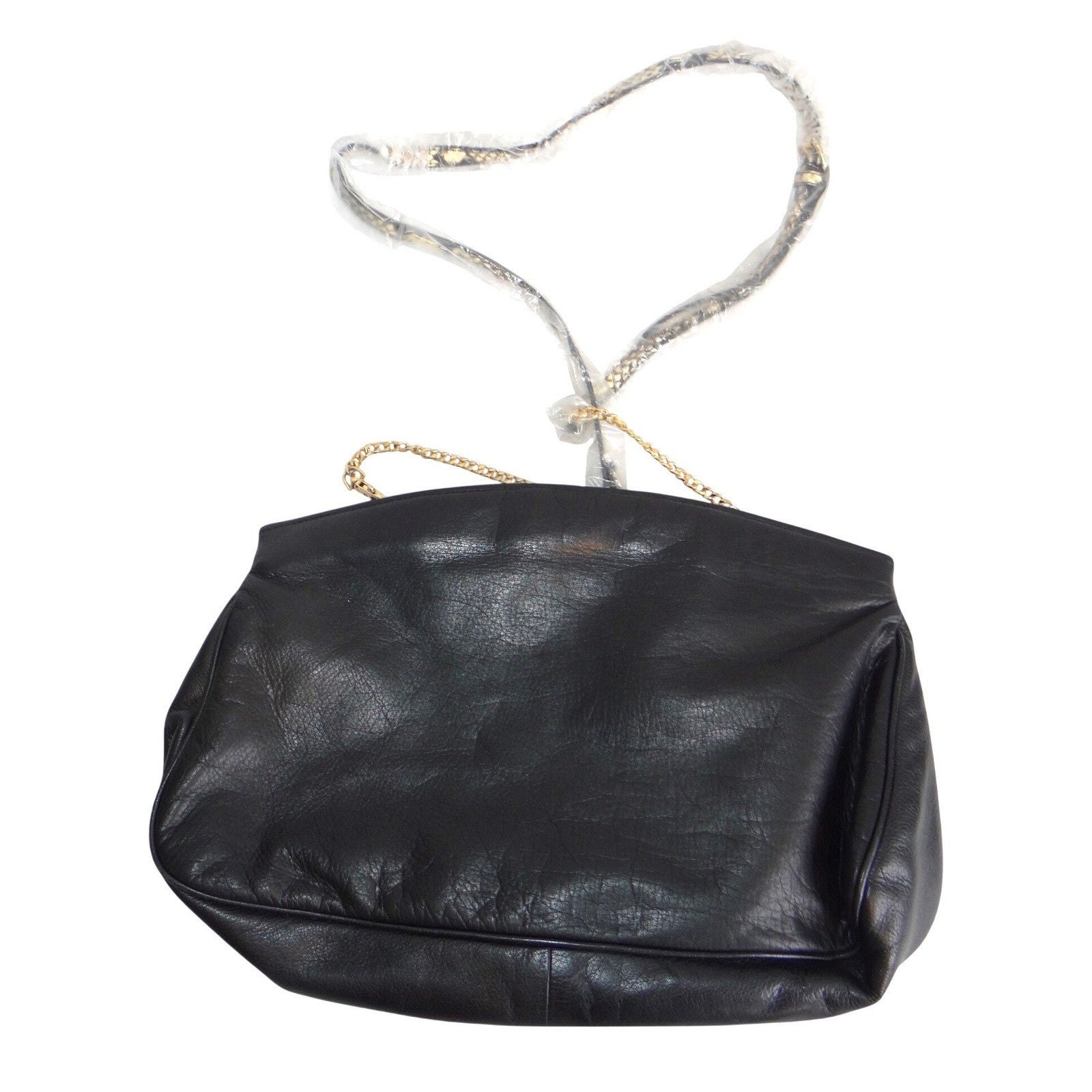 Vintage Black Leather Patchwork Shoulder Bag Gold Chain Snakeskin Strap