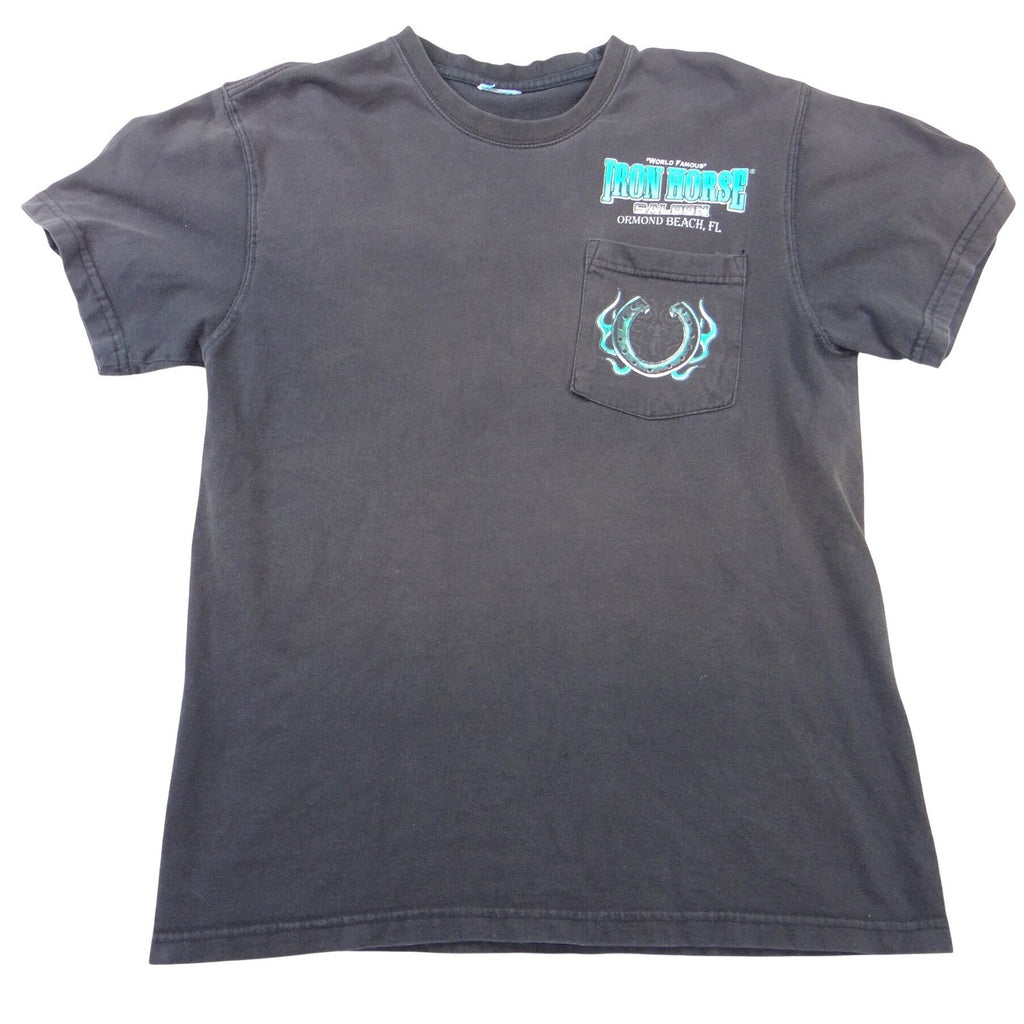 Iron Horse Saloon Ormond Beach FL Biker Pocket T-Shirt Mens Black Teal Graphic