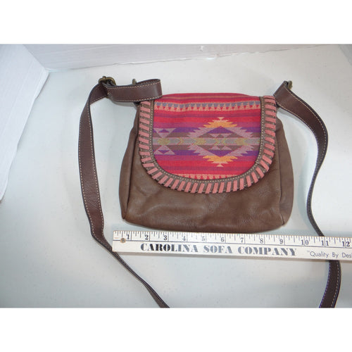 Brown Leather Southwestern Woven Flap Crossbody Bag Whipstitch Detail Boho